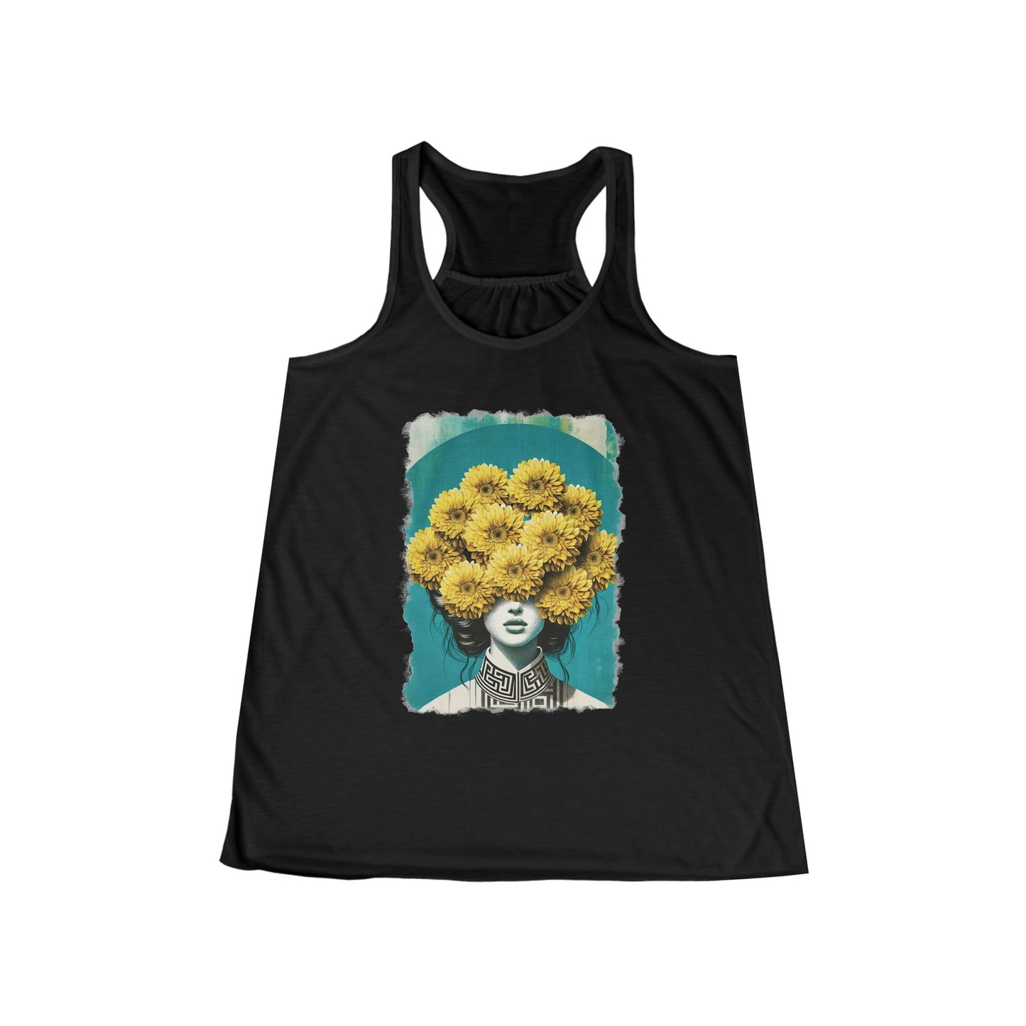 Women's Flowy Racerback Tank yellow flowers on womans head