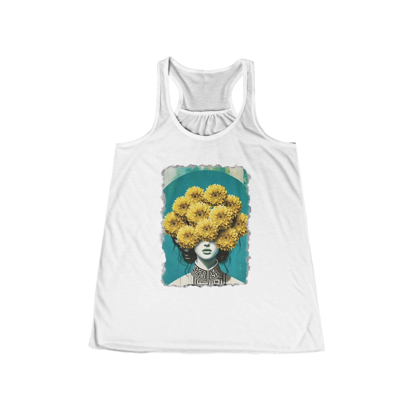 Women's Flowy Racerback Tank yellow flowers on womans head