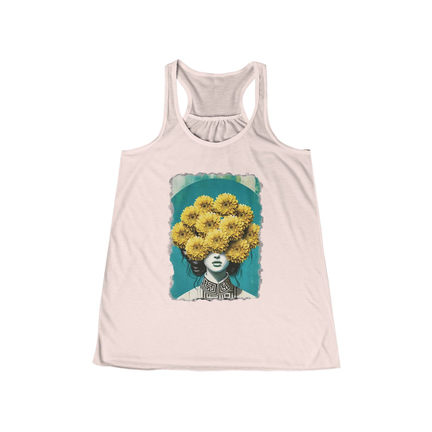 Women's Flowy Racerback Tank yellow flowers on womans head