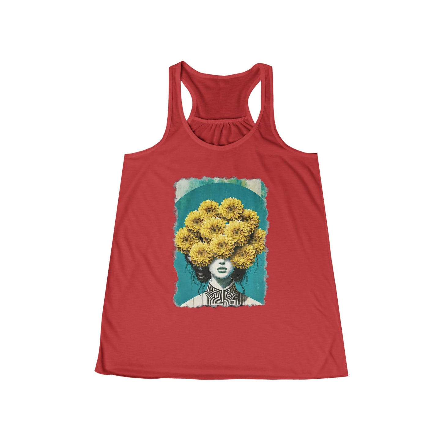 Women's Flowy Racerback Tank yellow flowers on womans head