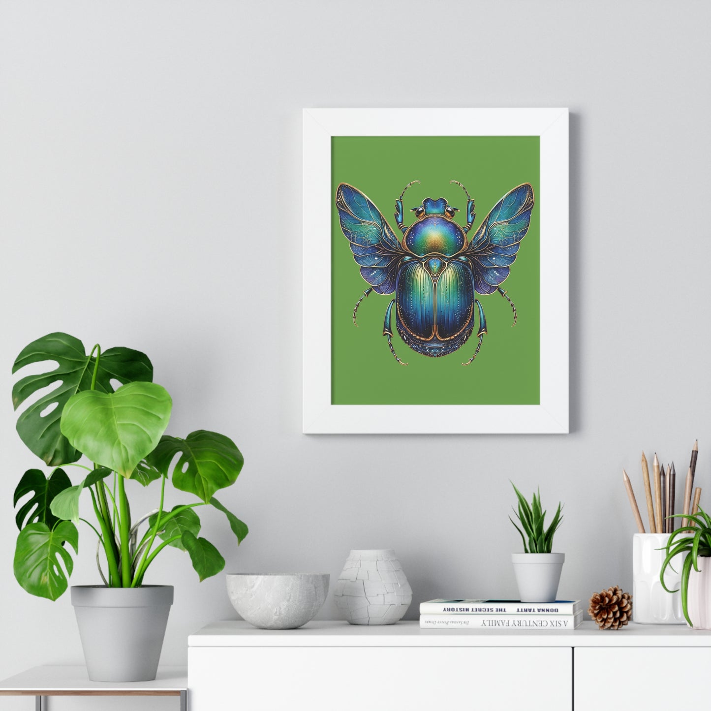 Framed Vertical Poster Scarab on Bright Green