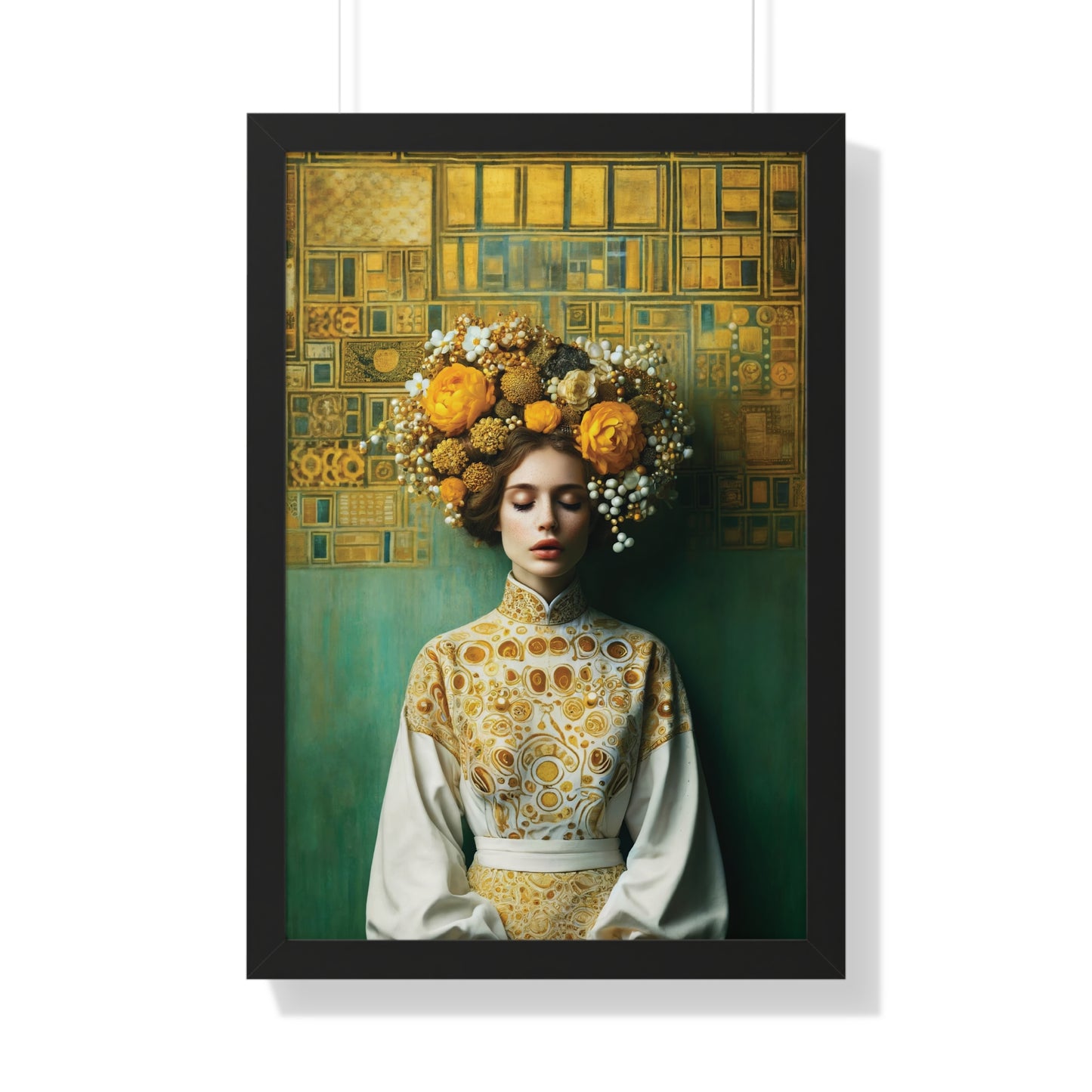 Framed Vertical Poster Peaceful Woman with Yellow Flowers