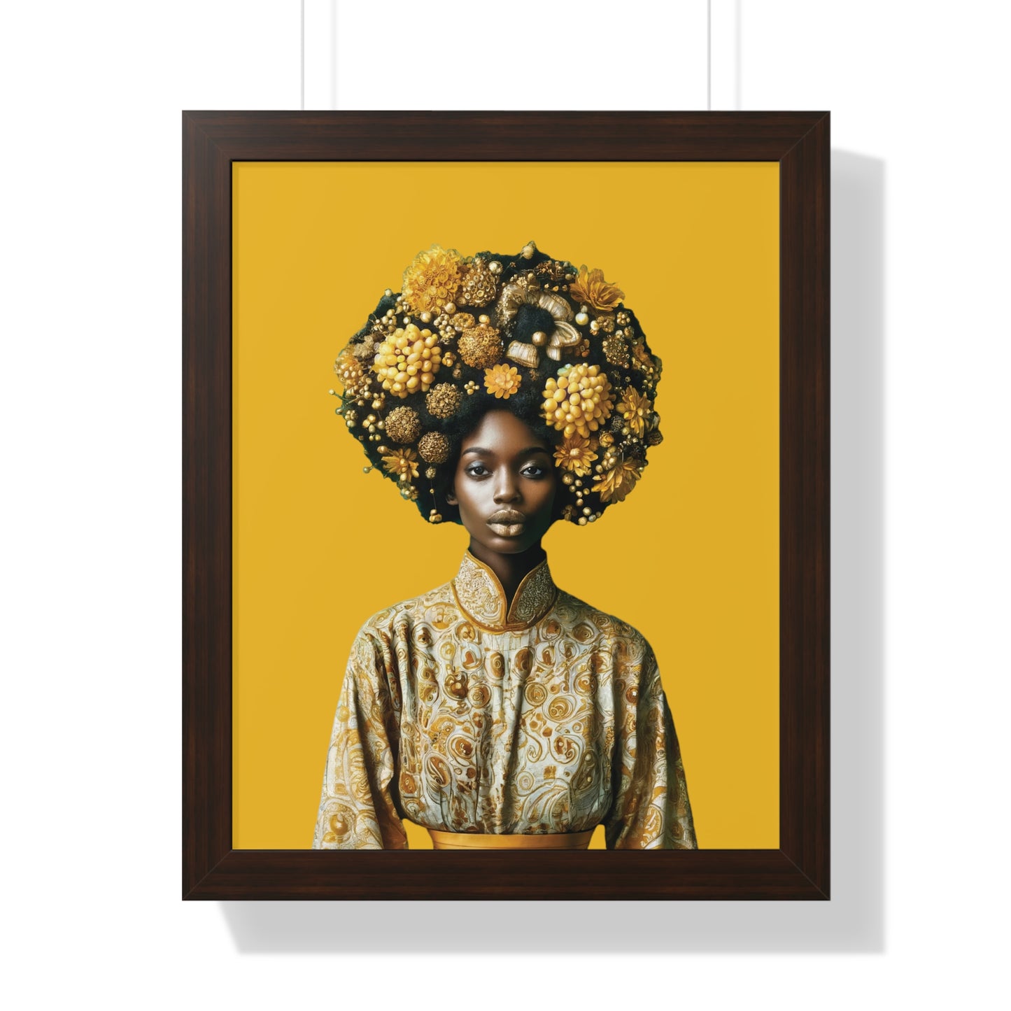 Framed Vertical Poster Peaceful African Woman with Yellow Flowers no bg