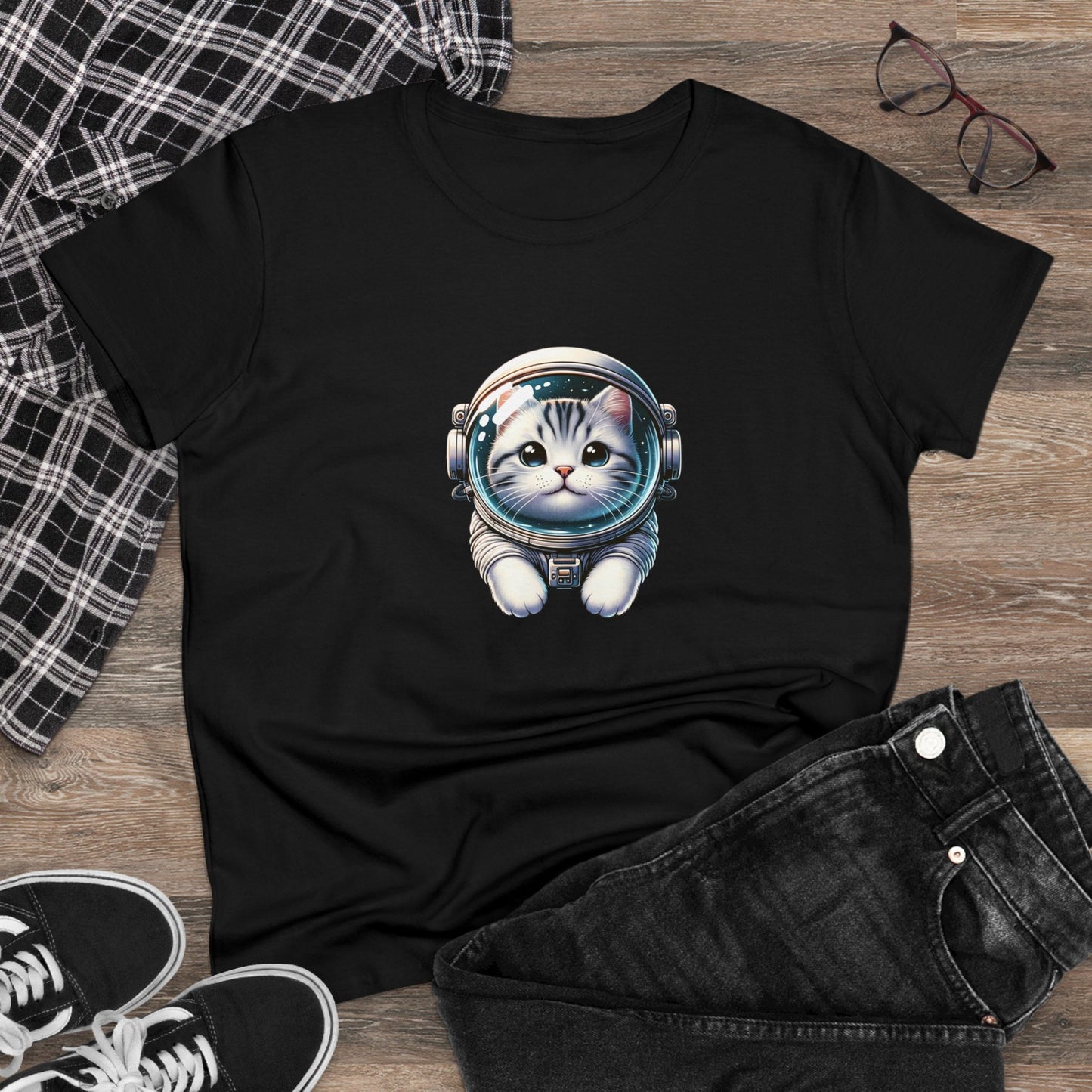 Space Cat, Gray Tiger Kitty, Women's Midweight Cotton Tee