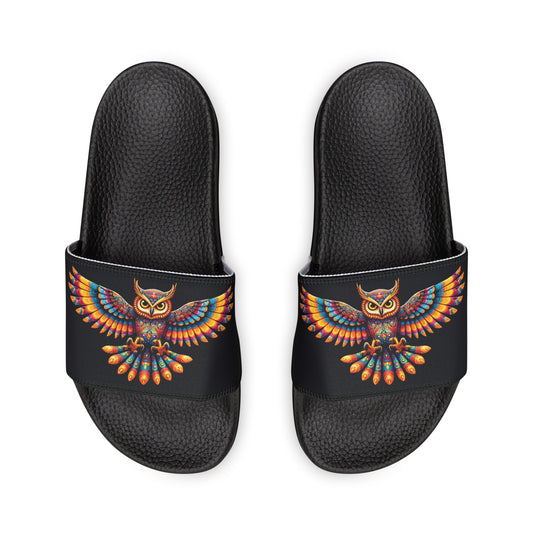 Men's PU Slide Sandals Alebrije Owl on black