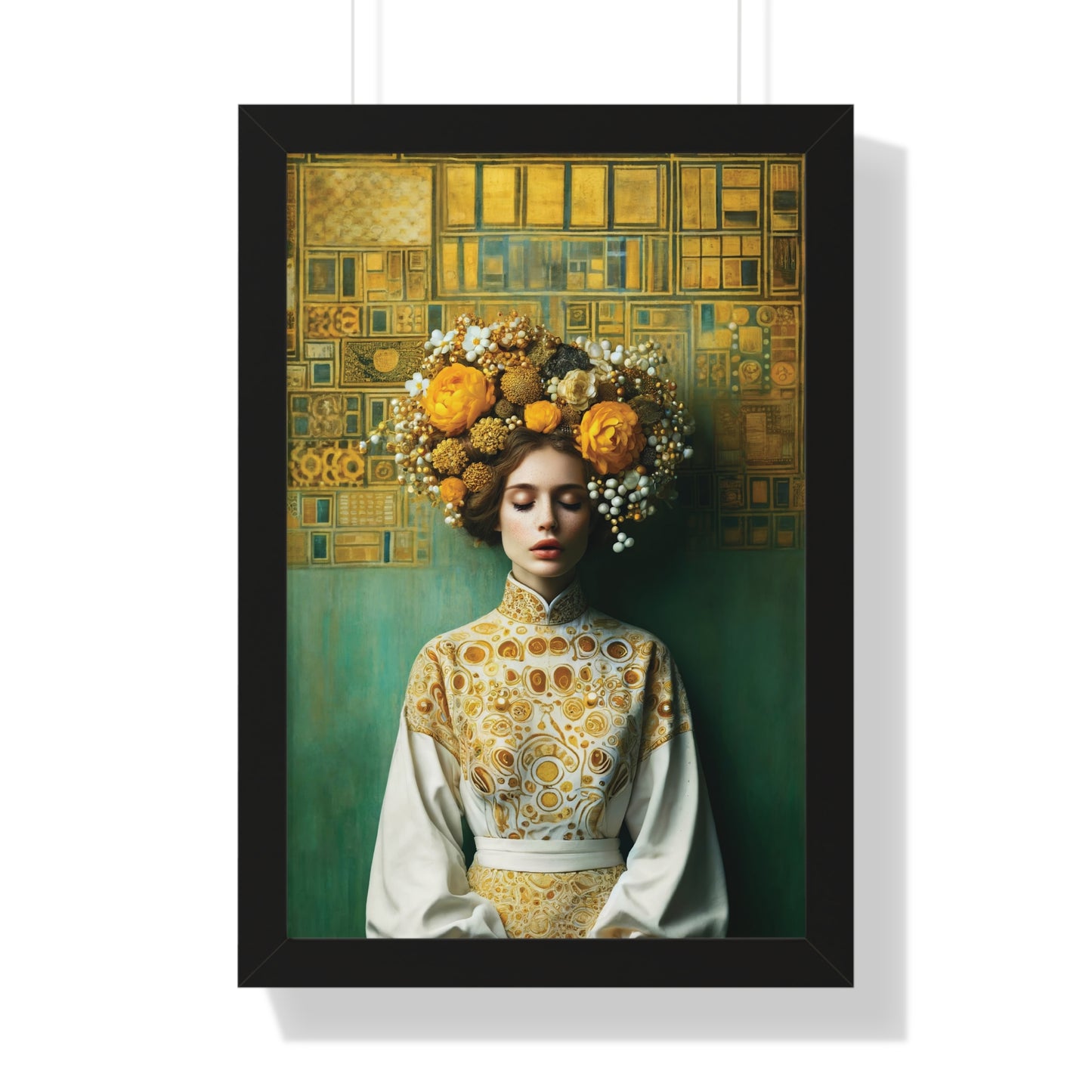 Framed Vertical Poster Peaceful Woman with Yellow Flowers