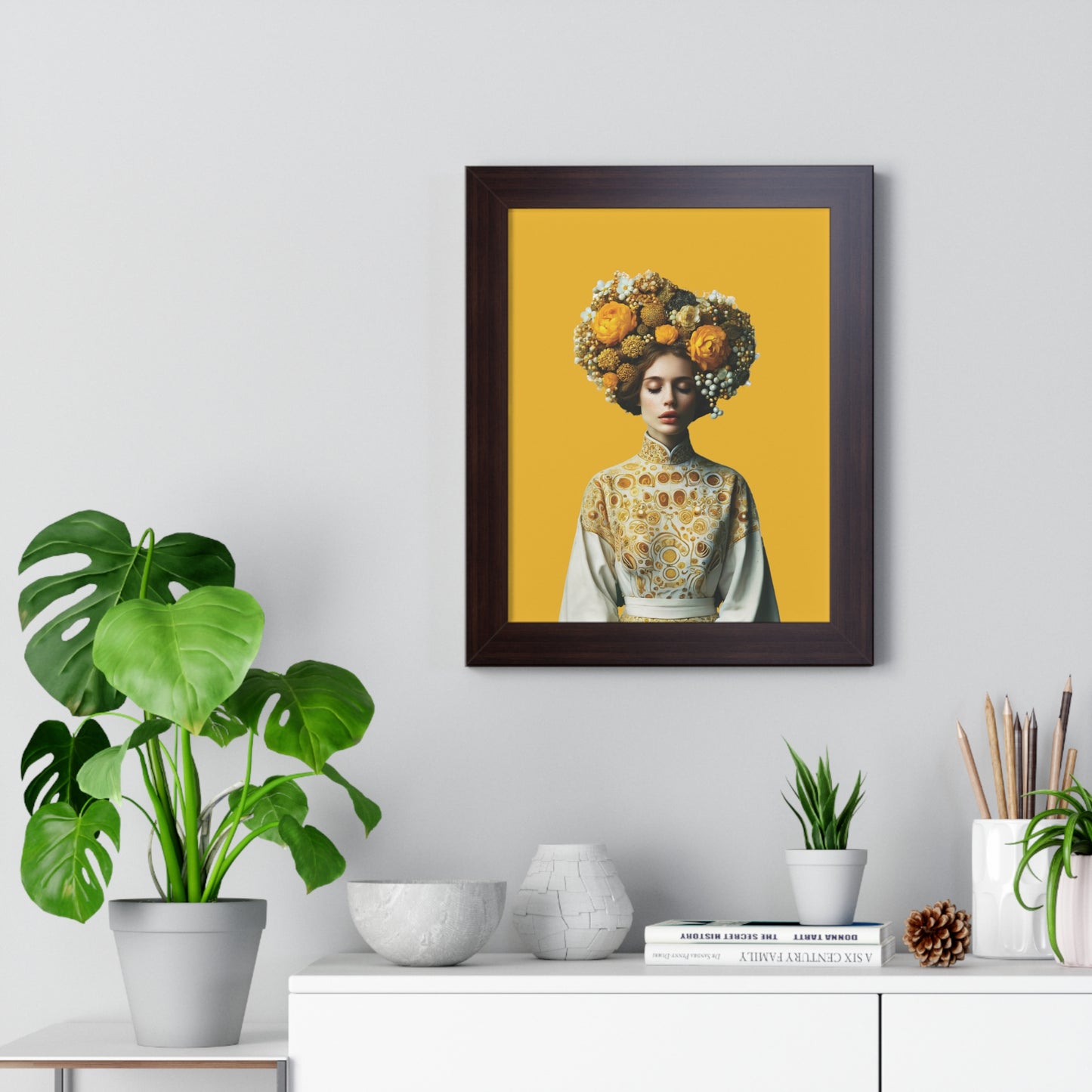 Framed Vertical Poster Peaceful Woman with Yellow Flowers no bg