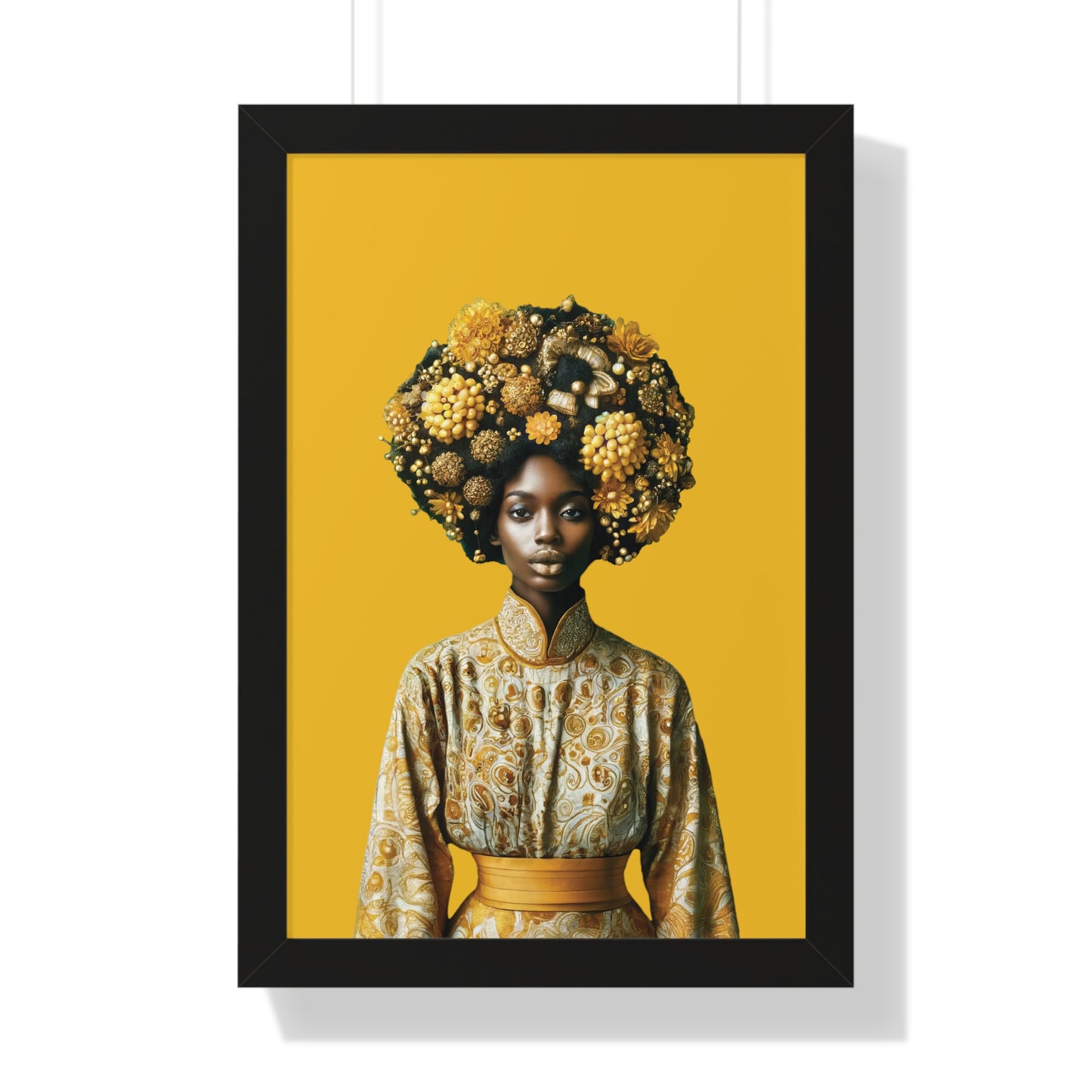 Framed Vertical Poster Peaceful African Woman with Yellow Flowers no bg