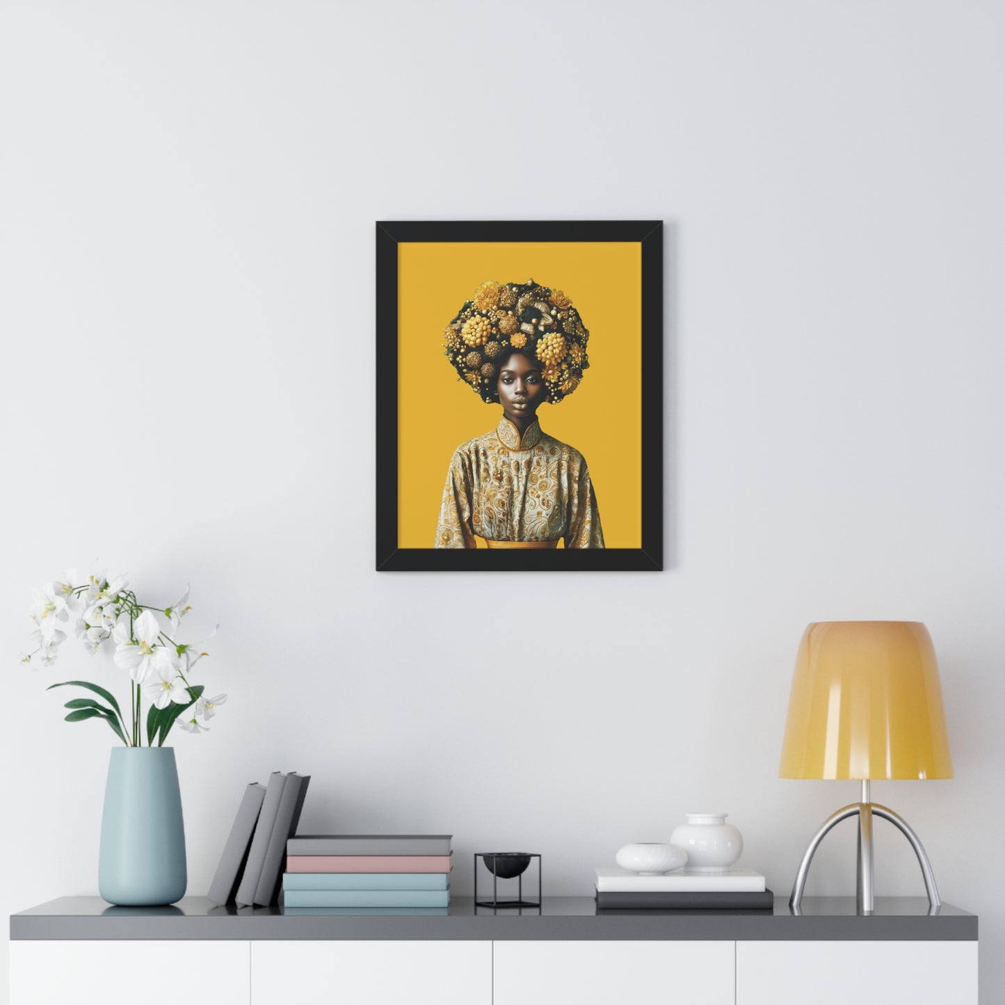 Framed Vertical Poster Peaceful African Woman with Yellow Flowers no bg