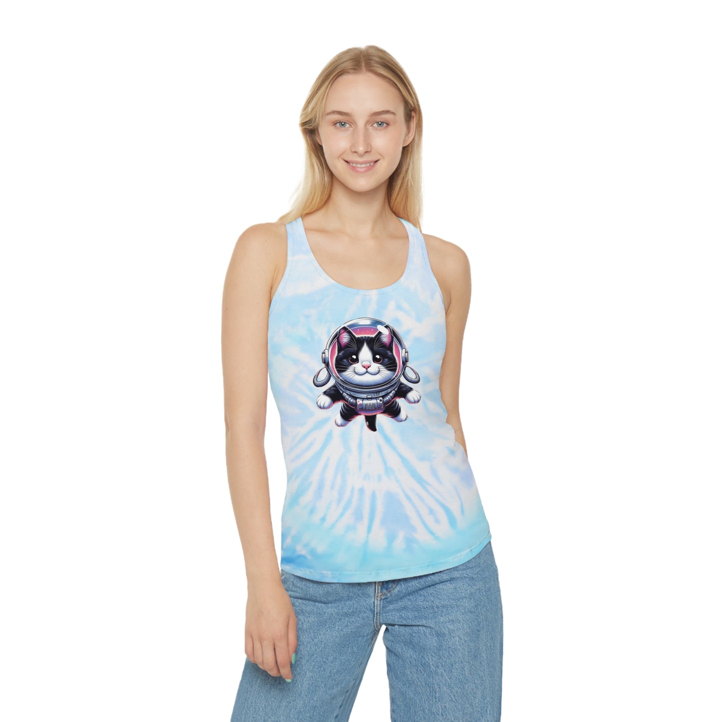 Tie Dye Racerback Tank Top w/Tuxedo Cat Space Cat