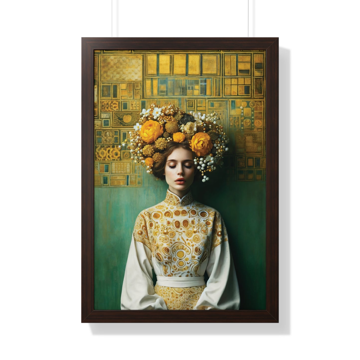 Framed Vertical Poster Peaceful Woman with Yellow Flowers