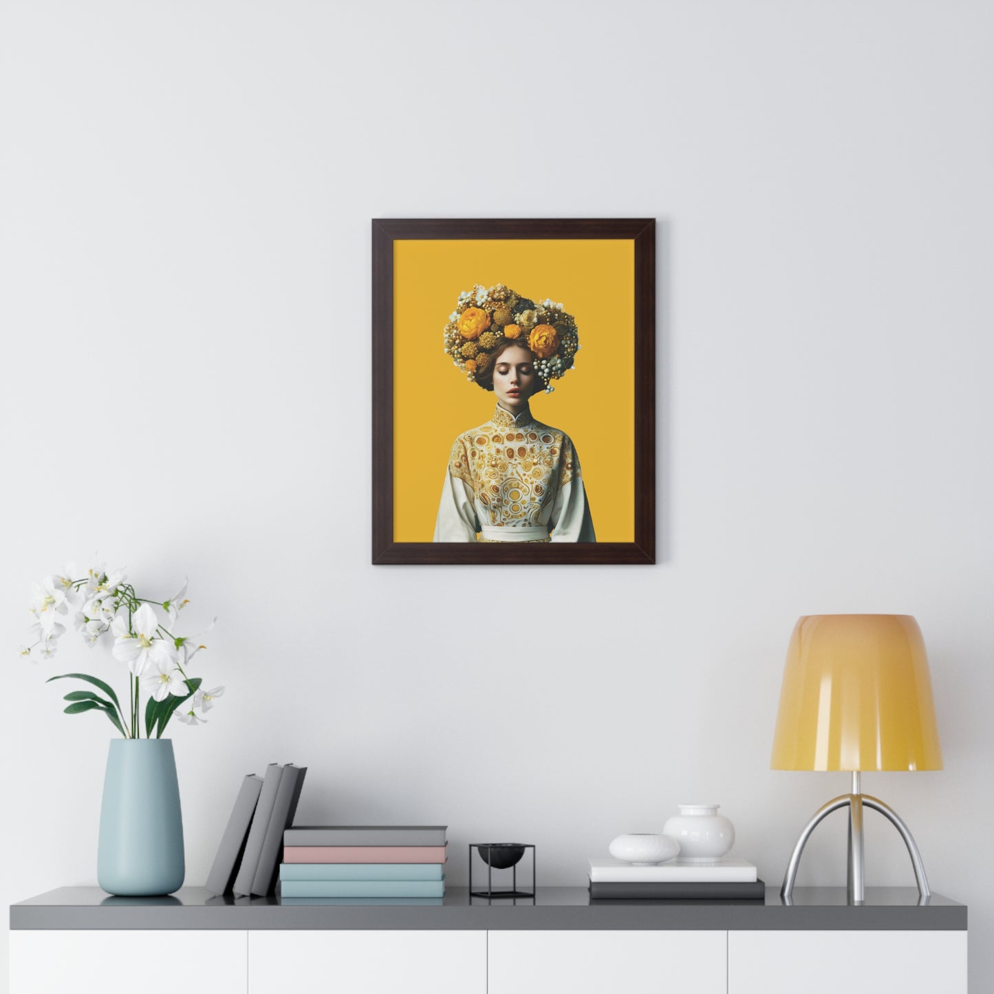 Framed Vertical Poster Peaceful Woman with Yellow Flowers no bg