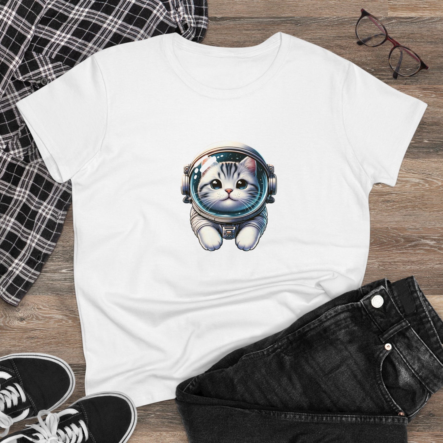 Space Cat, Gray Tiger Kitty, Women's Midweight Cotton Tee