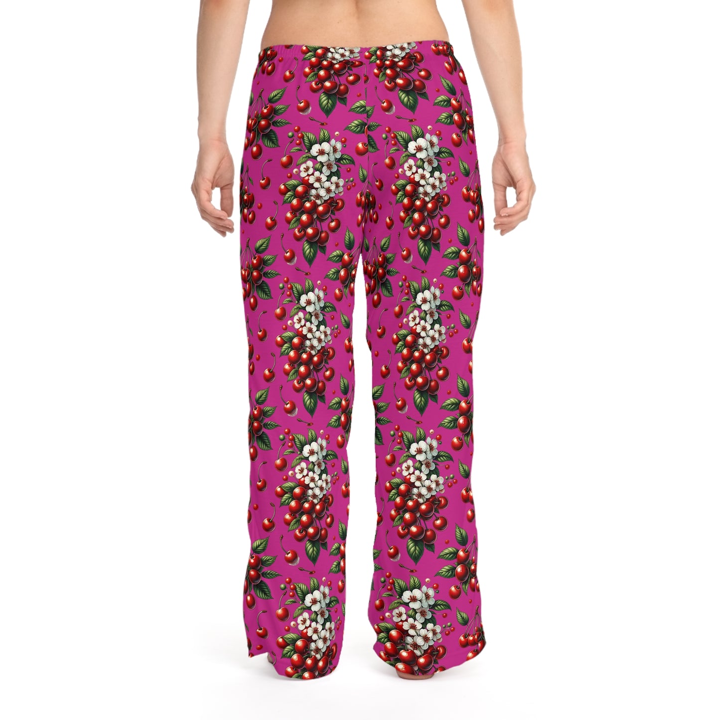 Women's Pajama Pants (AOP)Red Cherries and White Blossoms Hot Pink