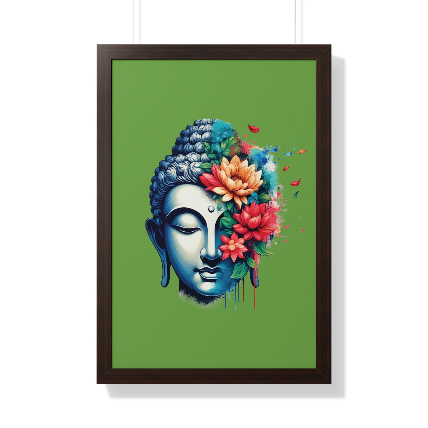 Framed Vertical Poster Peaceful Buddha with Flowers on bright green