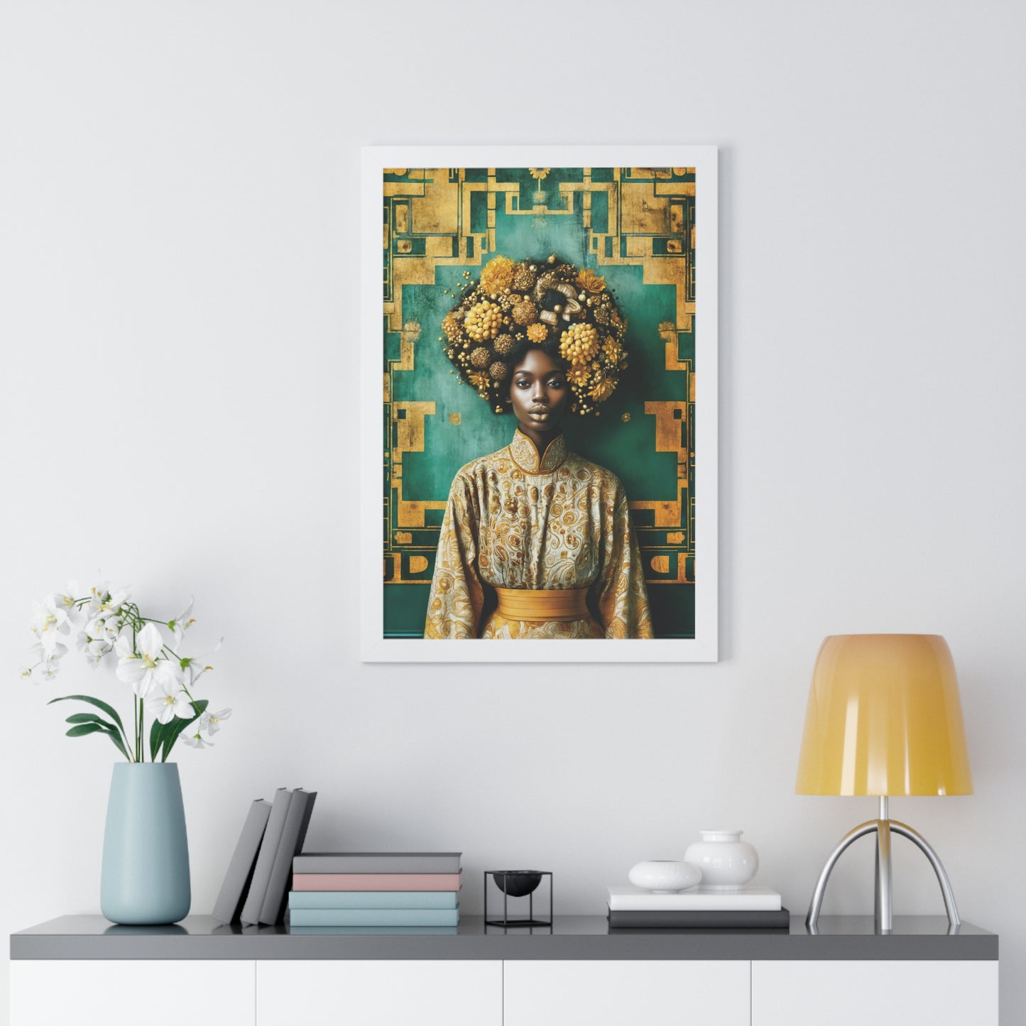 Framed Vertical Poster Peaceful African Woman with Yellow Flowers