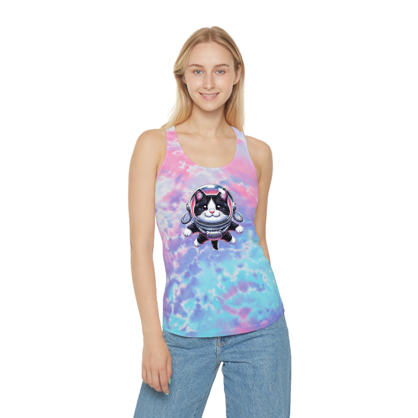 Tie Dye Racerback Tank Top w/Tuxedo Cat Space Cat