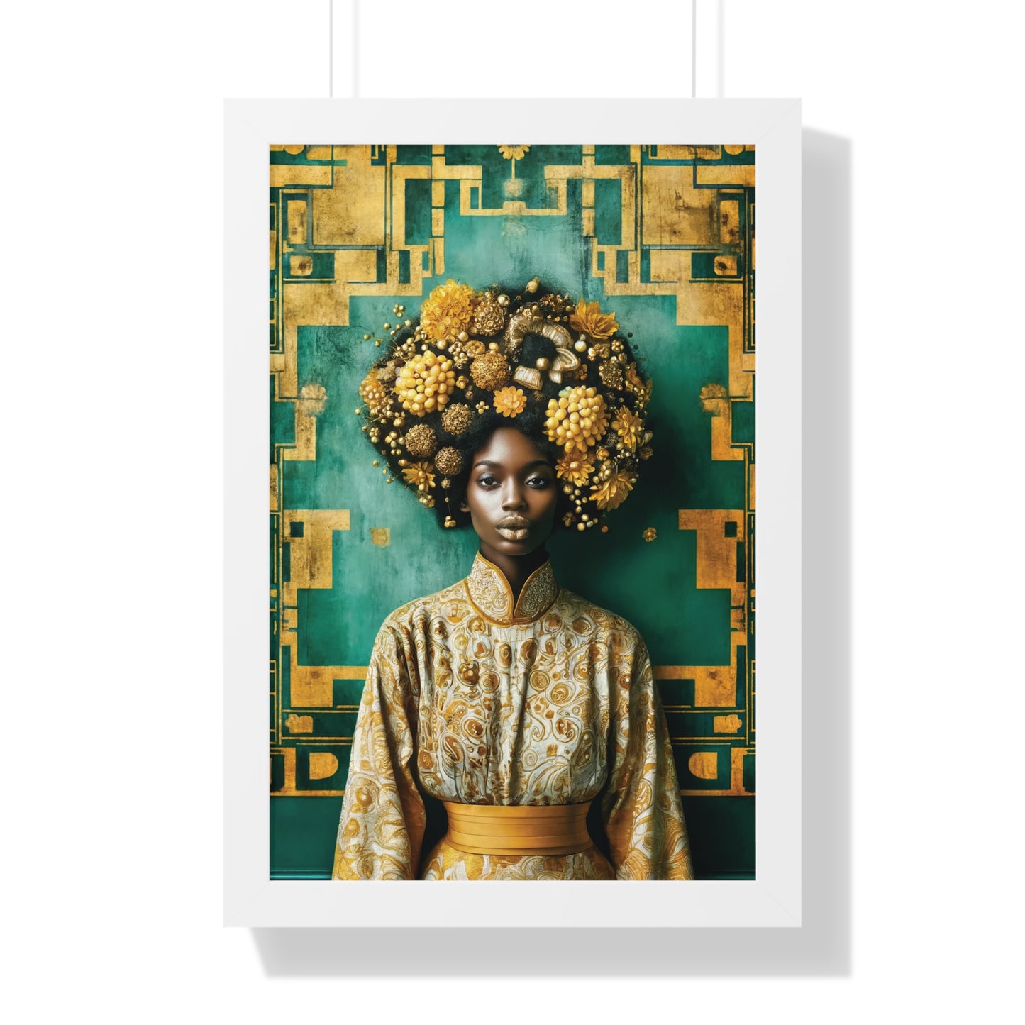 Framed Vertical Poster Peaceful African Woman with Yellow Flowers