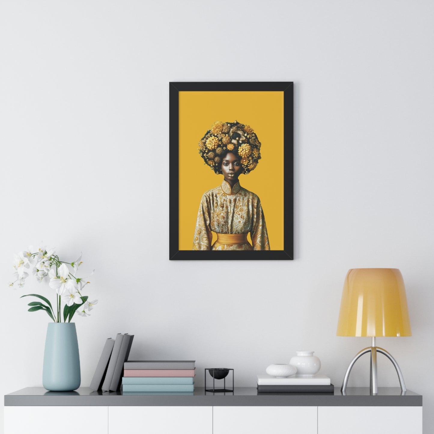 Framed Vertical Poster Peaceful African Woman with Yellow Flowers no bg