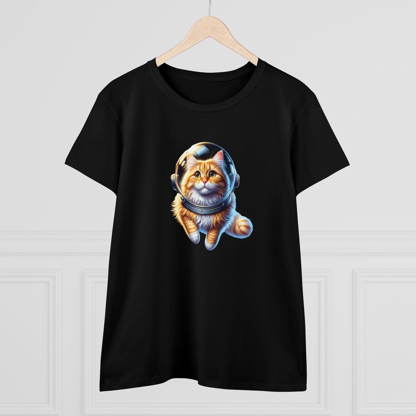 Space Cat, Yellow-Orange Long-Haired Tabby Kitty, Women's Midweight Cotton Tee