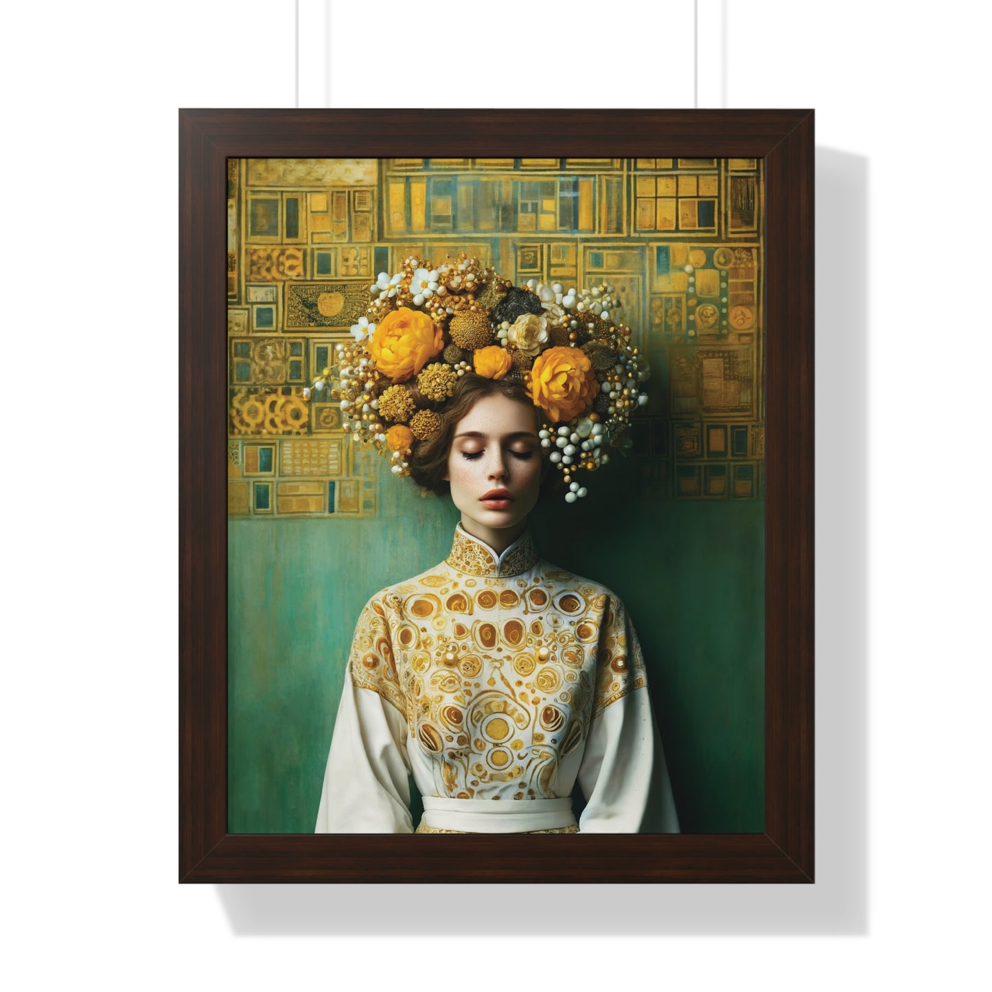 Framed Vertical Poster Peaceful Woman with Yellow Flowers