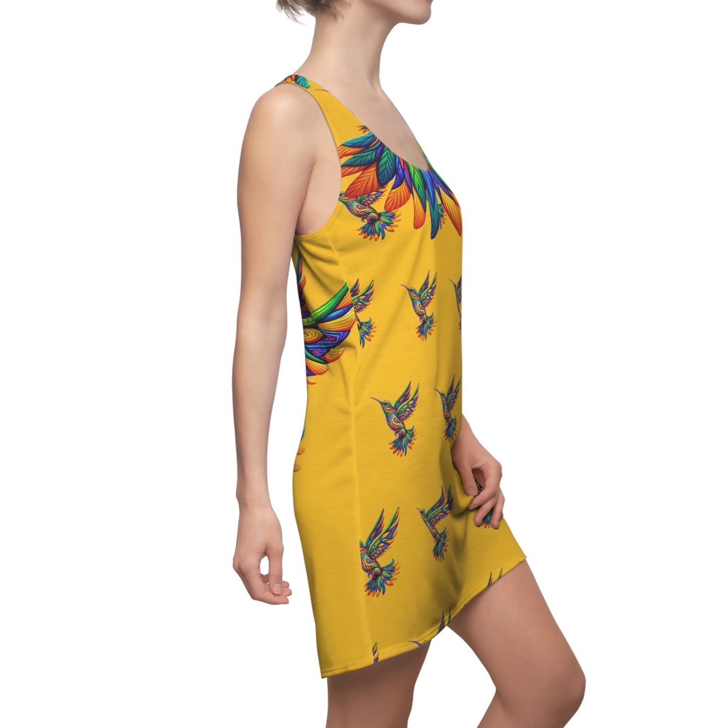 Women's Cut & Sew Racerback Dress (AOP) Hummingbirds on Yellow