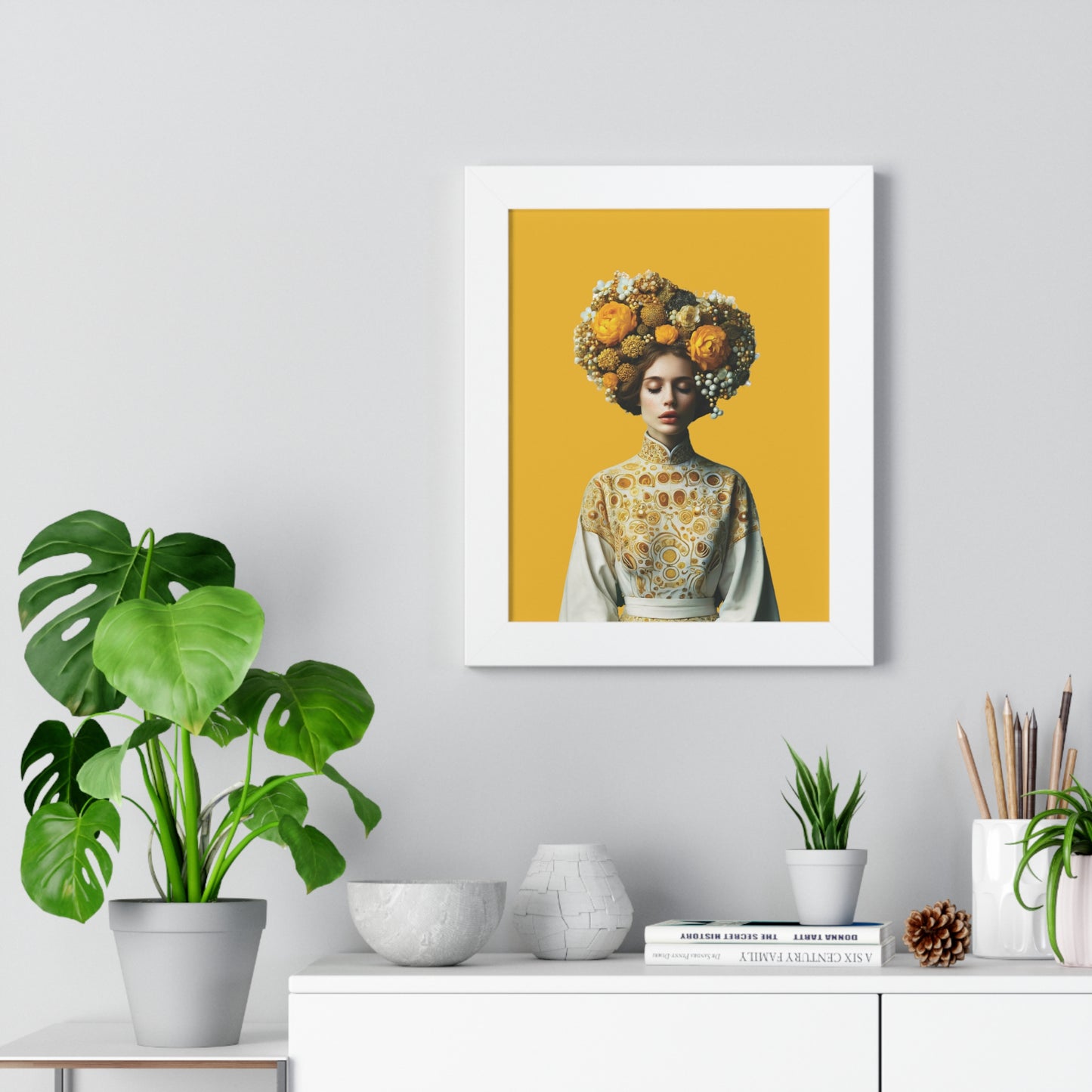 Framed Vertical Poster Peaceful Woman with Yellow Flowers no bg