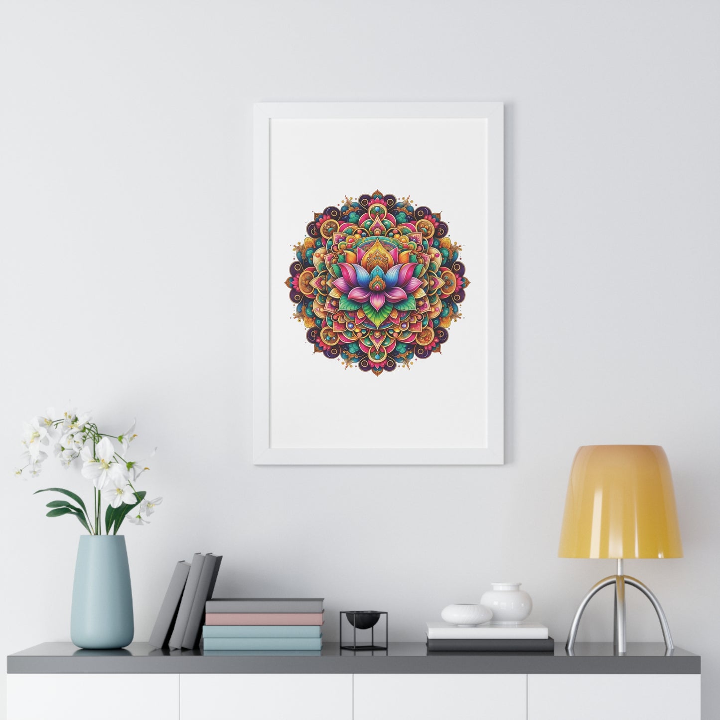 Framed Vertical Poster Lotus Mandala on white bg