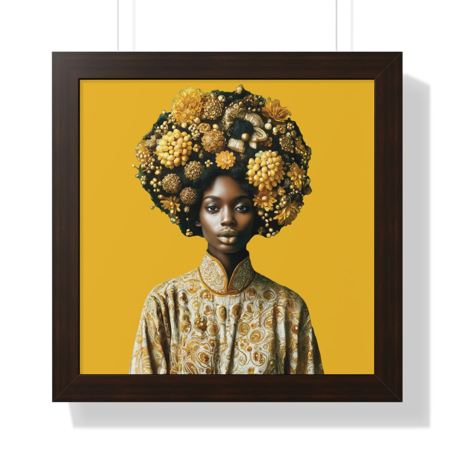 Framed Vertical Poster Peaceful African Woman with Yellow Flowers no bg