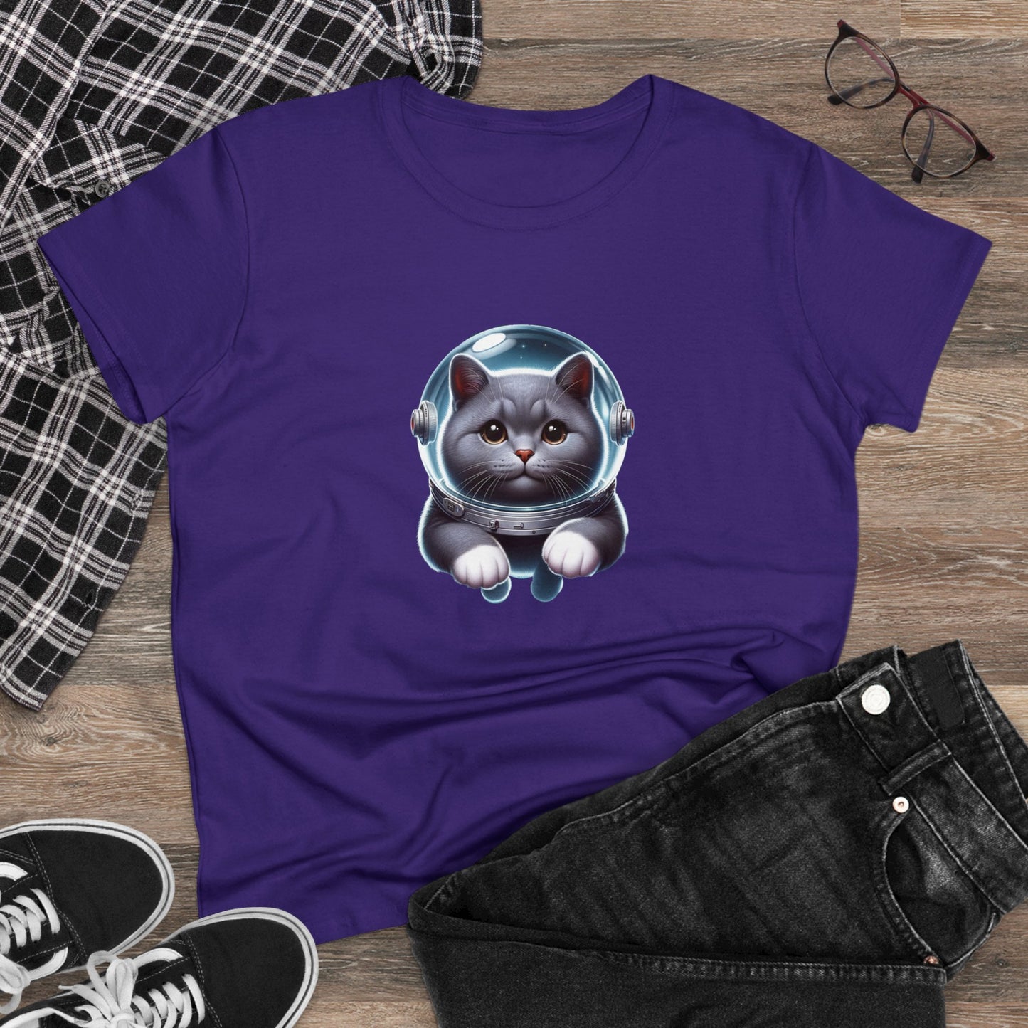 Space Cat, Gray Kitty, Women's Midweight Cotton Tee