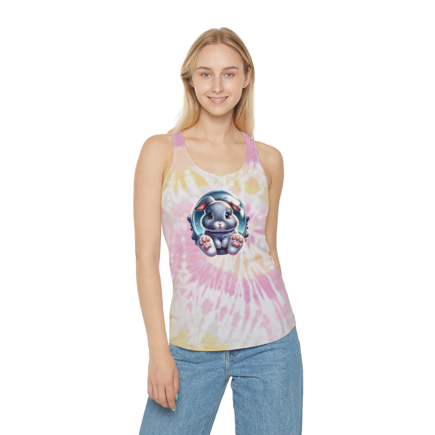 Tie Dye Racerback Tank Top w/Gray Space Bunny