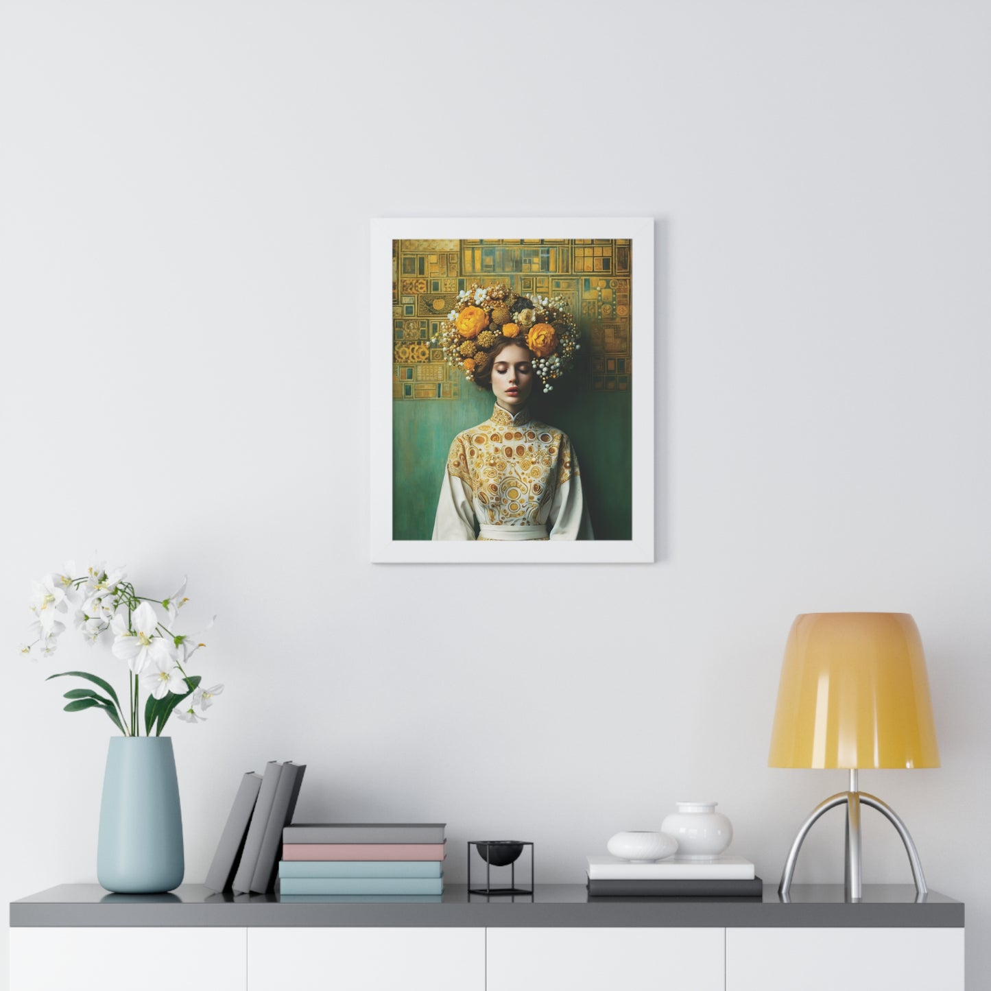 Framed Vertical Poster Peaceful Woman with Yellow Flowers