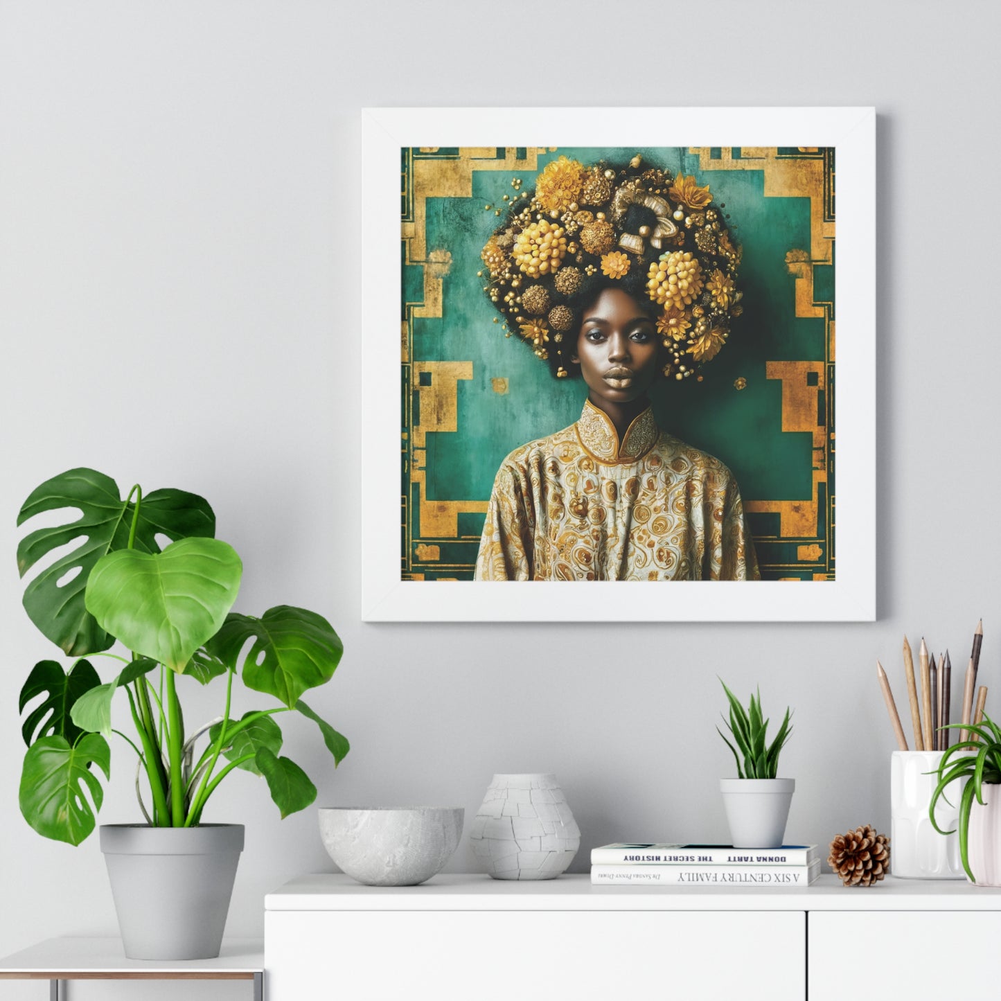 Framed Vertical Poster Peaceful African Woman with Yellow Flowers