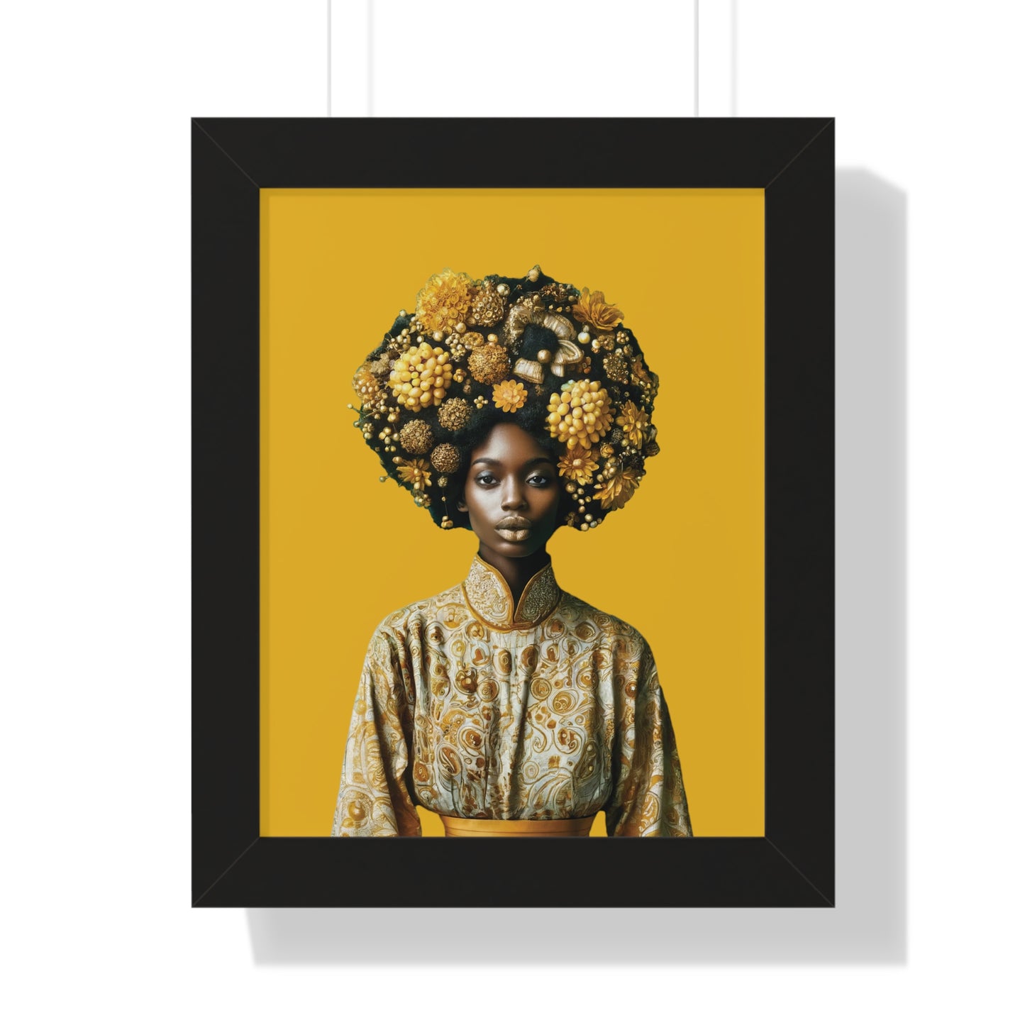 Framed Vertical Poster Peaceful African Woman with Yellow Flowers no bg