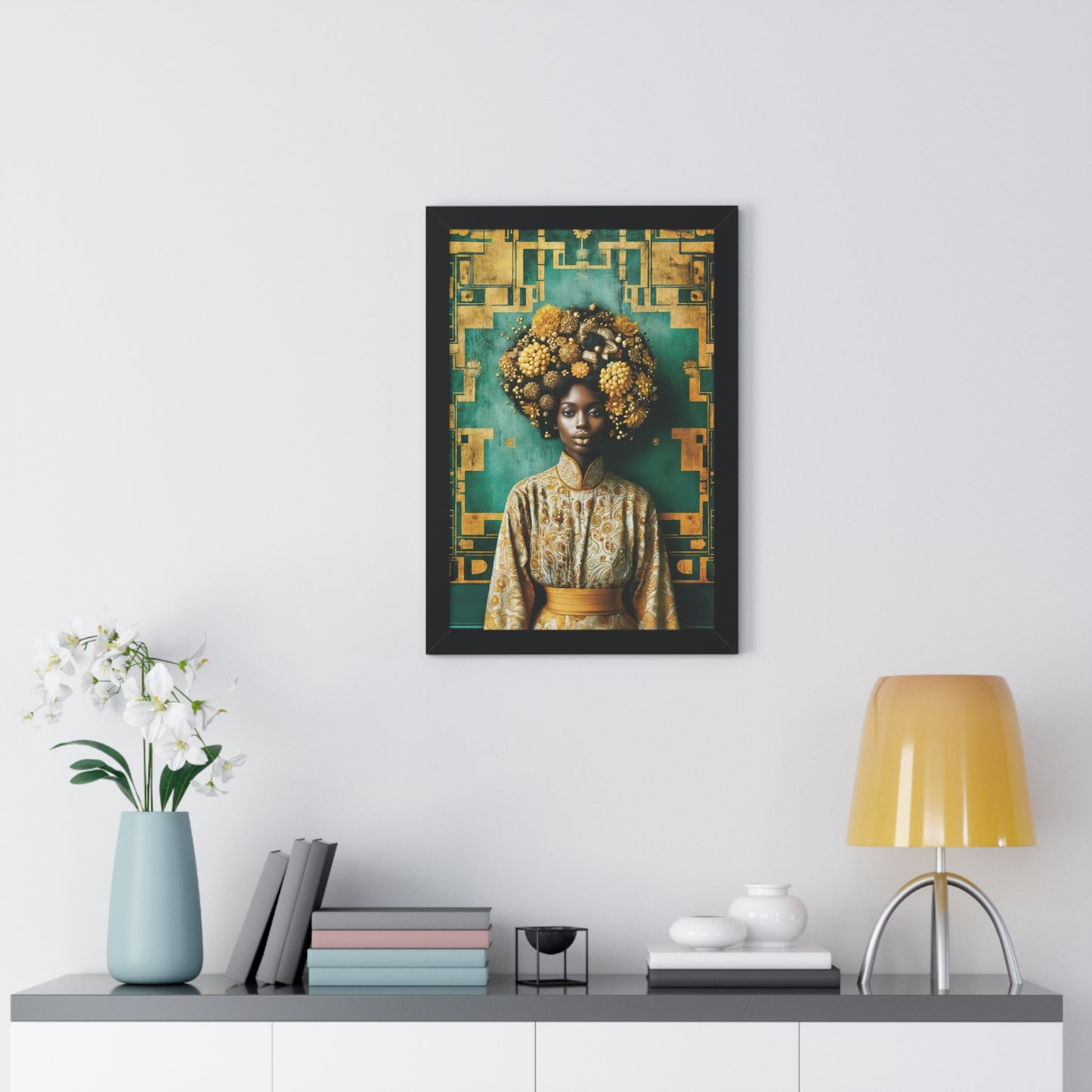 Framed Vertical Poster Peaceful African Woman with Yellow Flowers