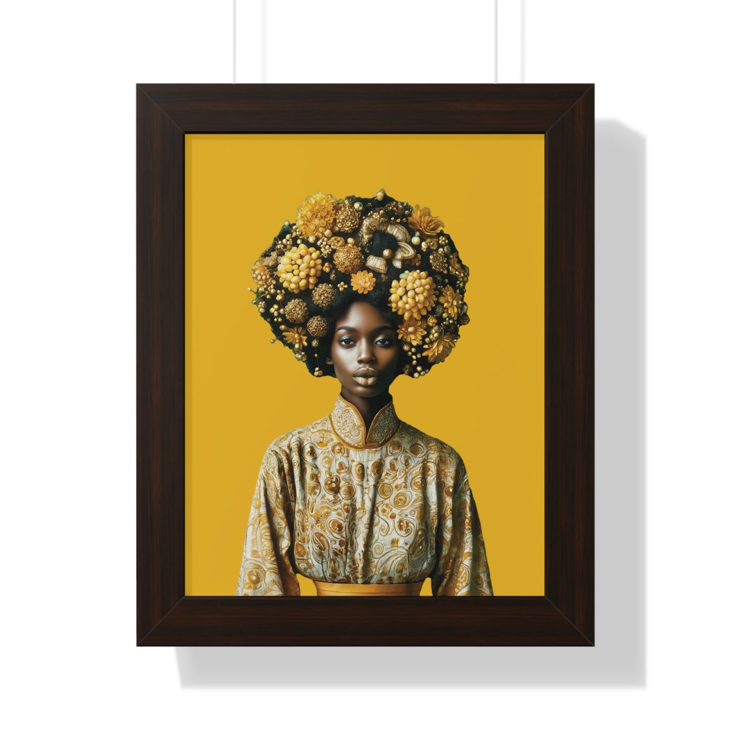 Framed Vertical Poster Peaceful African Woman with Yellow Flowers no bg