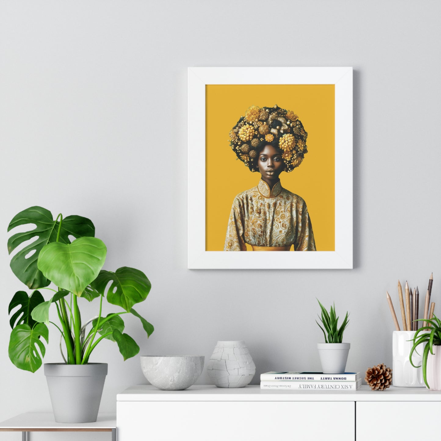 Framed Vertical Poster Peaceful African Woman with Yellow Flowers no bg