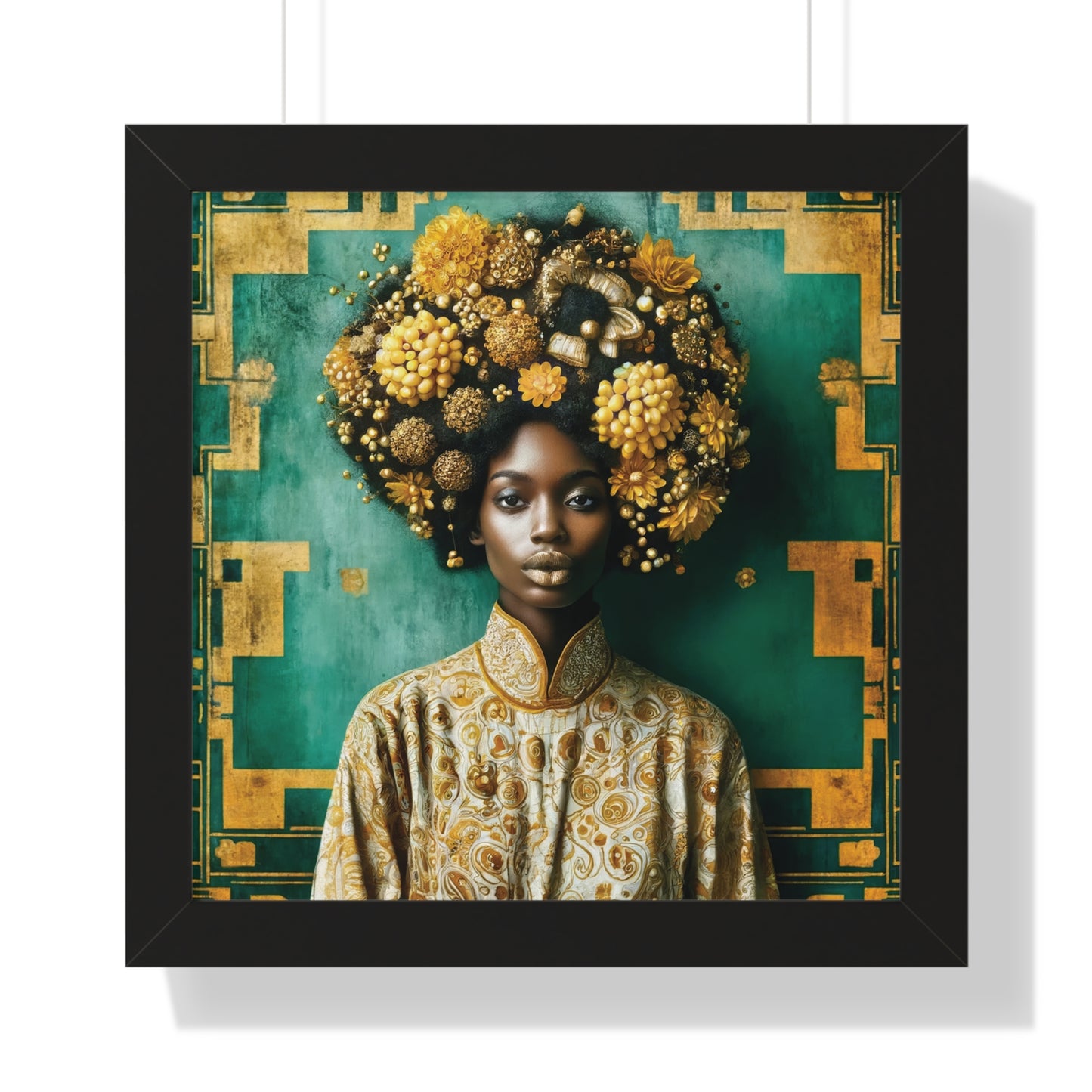 Framed Vertical Poster Peaceful African Woman with Yellow Flowers