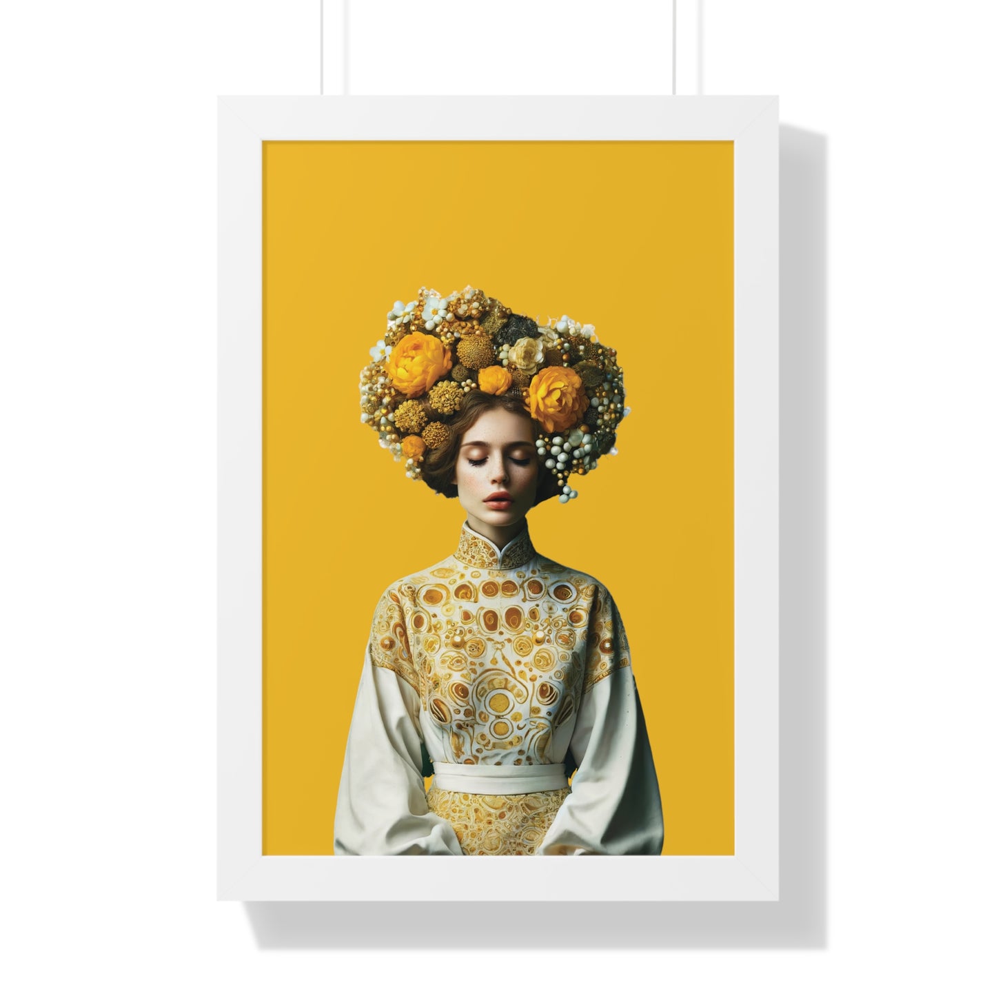 Framed Vertical Poster Peaceful Woman with Yellow Flowers no bg