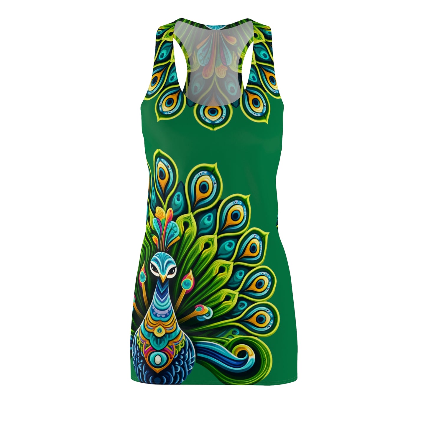 Women's Cut & Sew Racerback Dress (AOP) Peacock on Dark Green