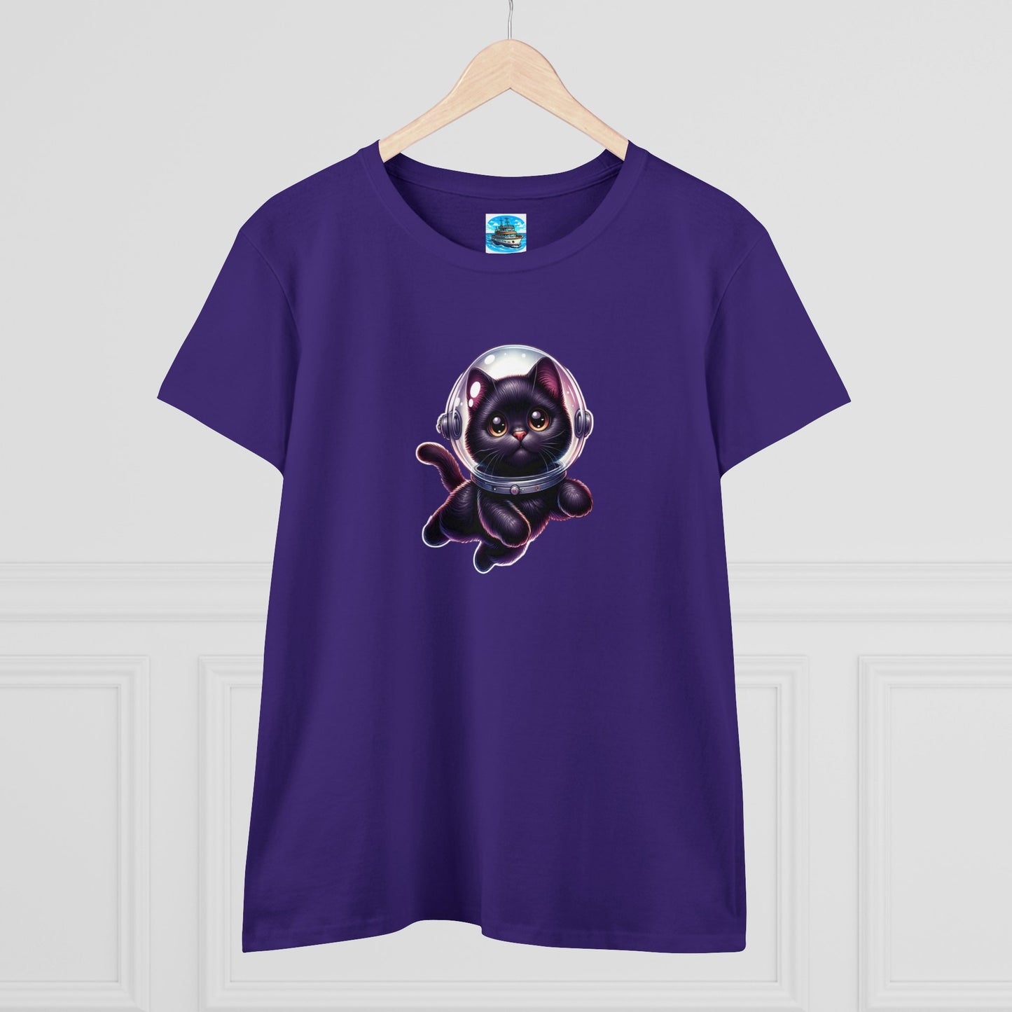 Women's Midweight Cotton Tee Space Cat, Black Cat