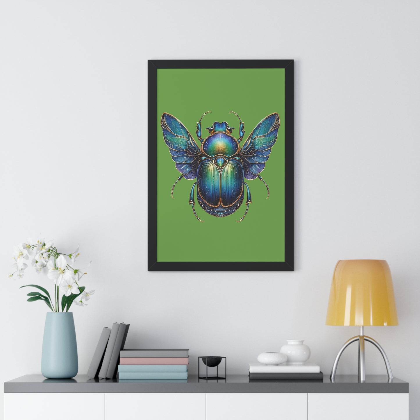 Framed Vertical Poster Scarab on Bright Green