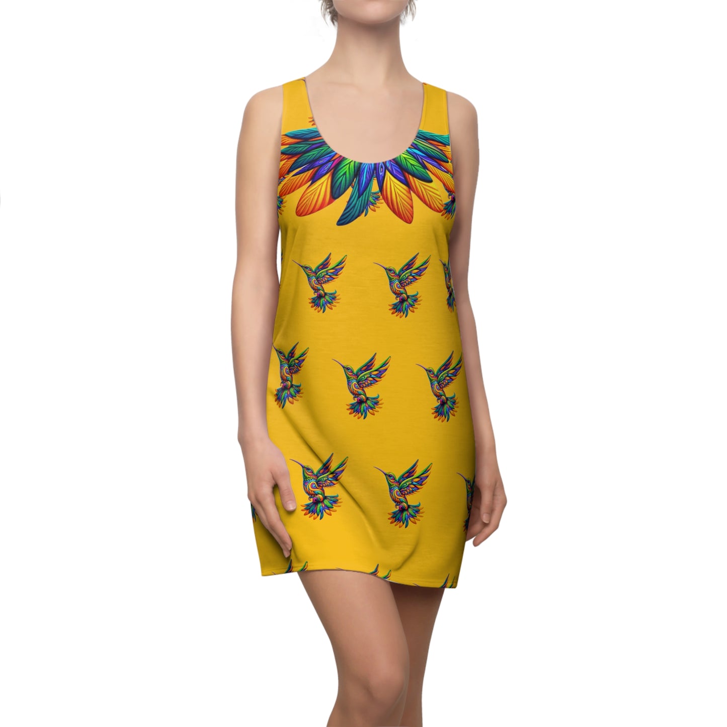 Women's Cut & Sew Racerback Dress (AOP) Hummingbirds on Yellow