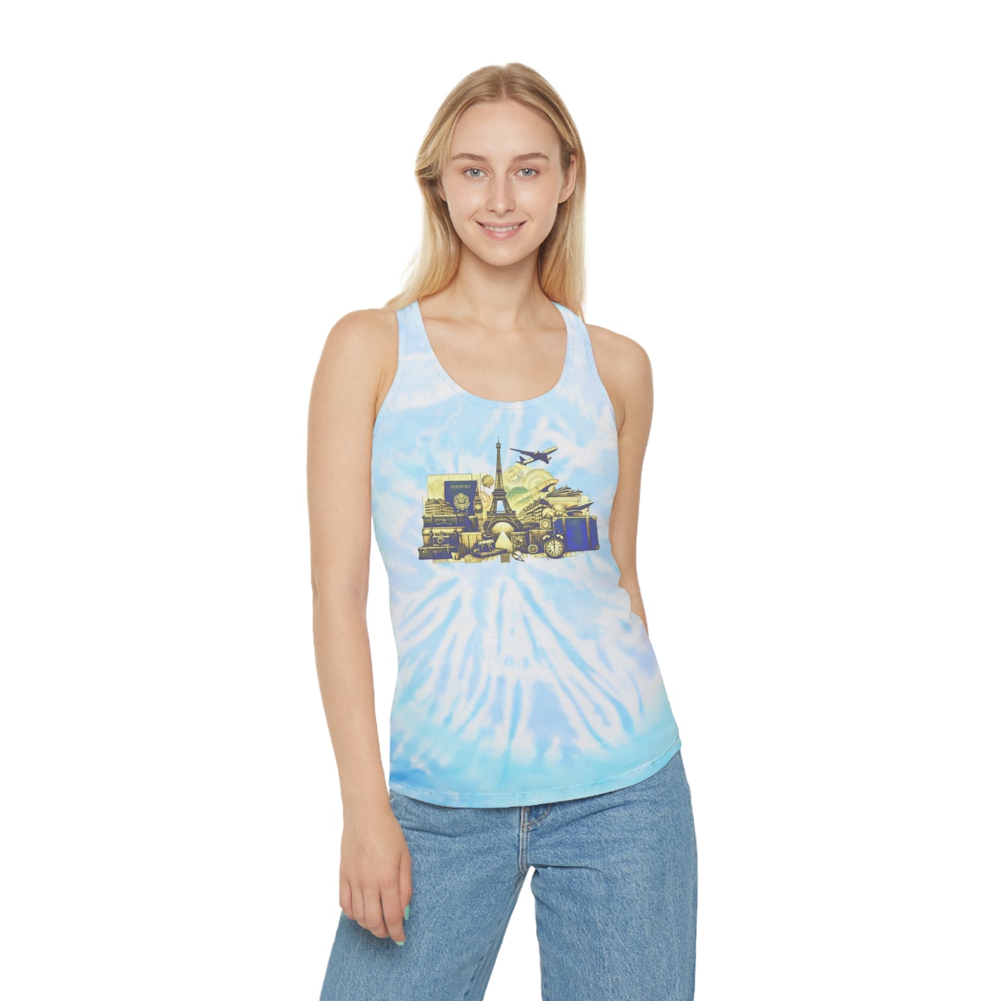 Tie Dye Racerback Tank Top w/Paris Travel Collage