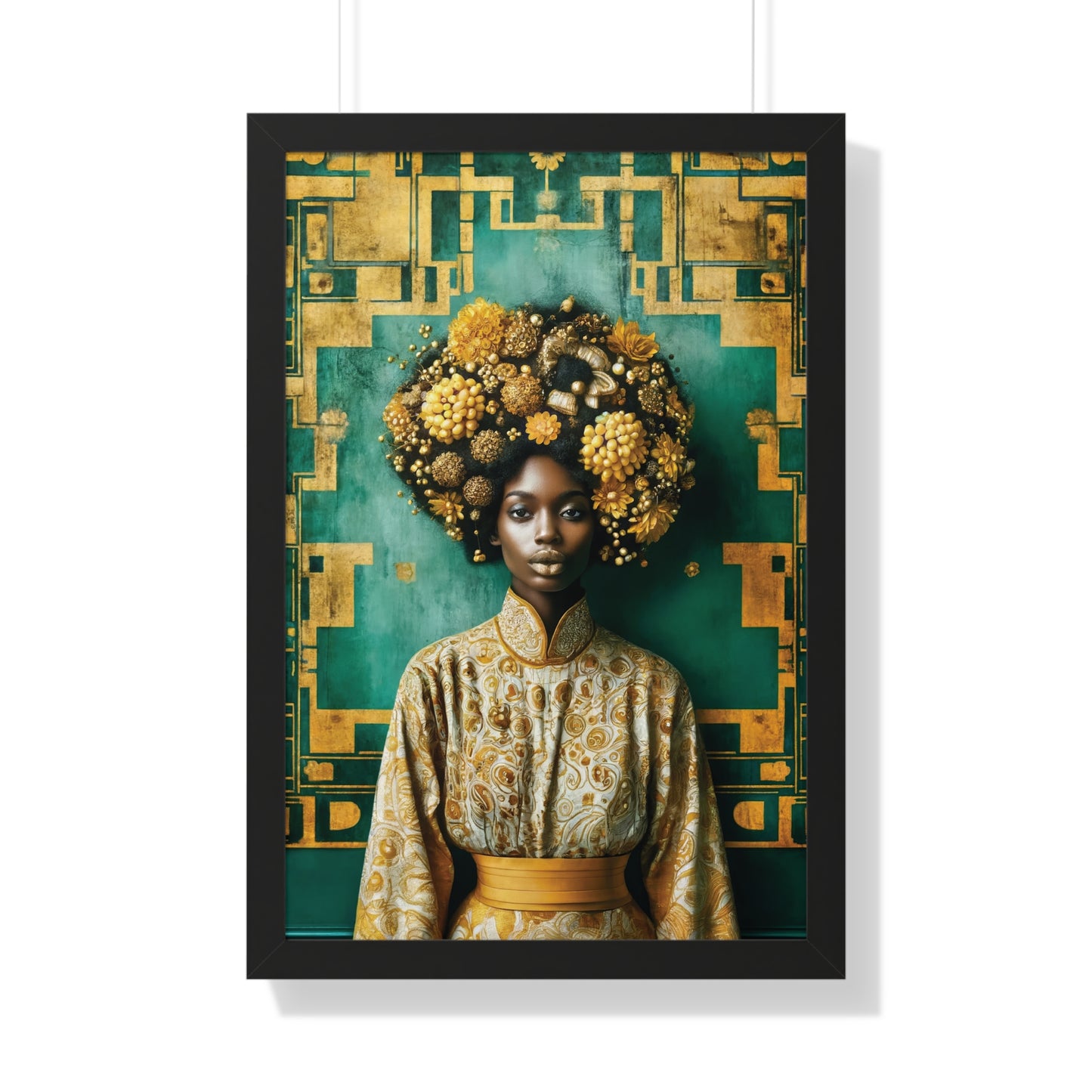 Framed Vertical Poster Peaceful African Woman with Yellow Flowers