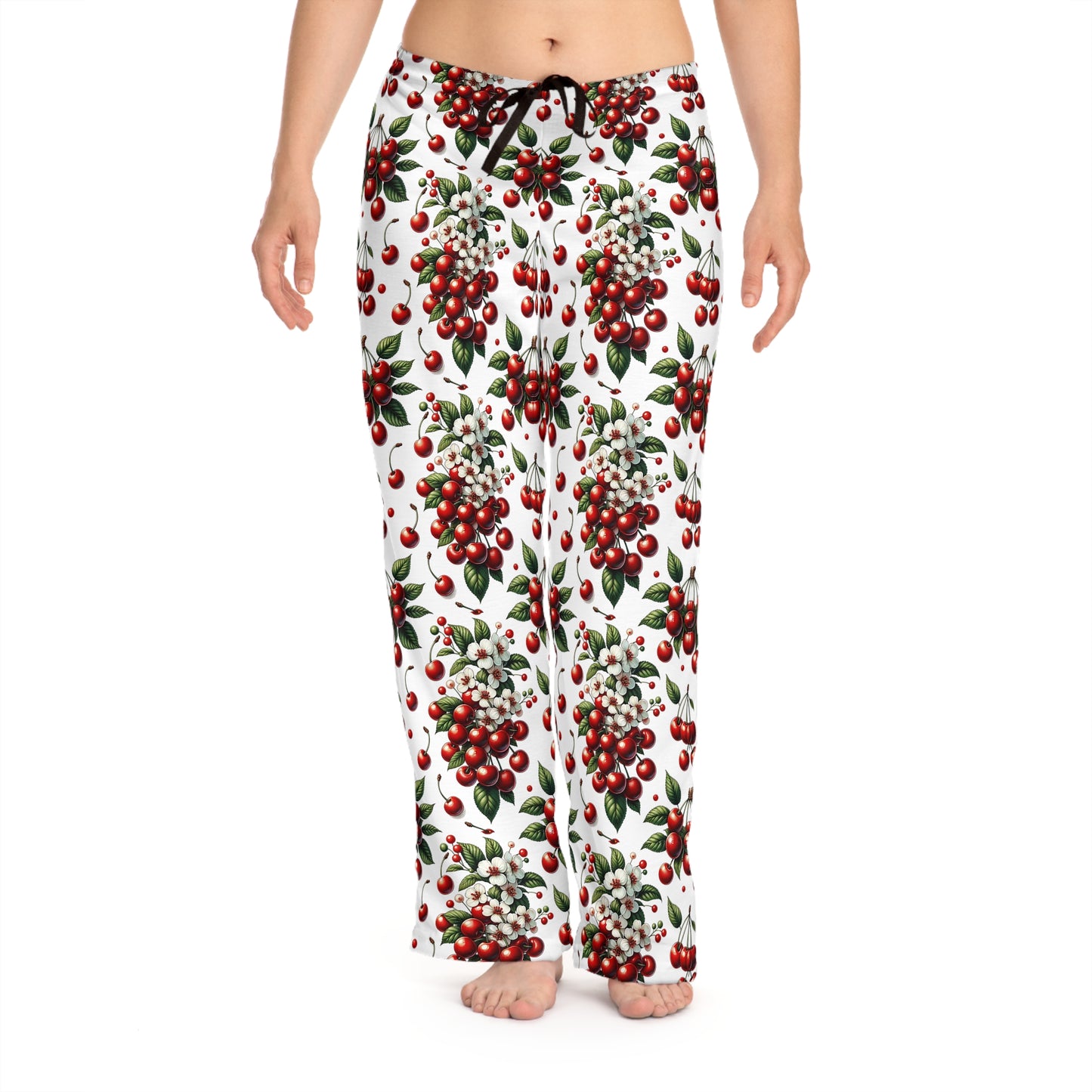 Women's Pajama Pants (AOP)Red Cherries and White Blossoms