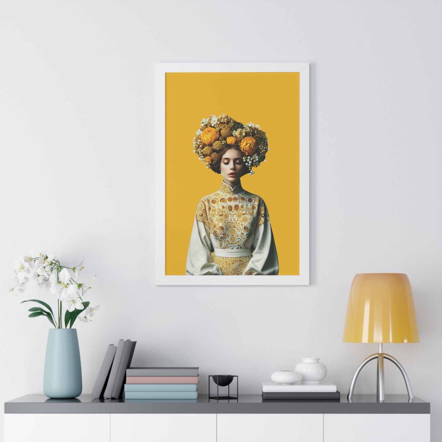 Framed Vertical Poster Peaceful Woman with Yellow Flowers no bg