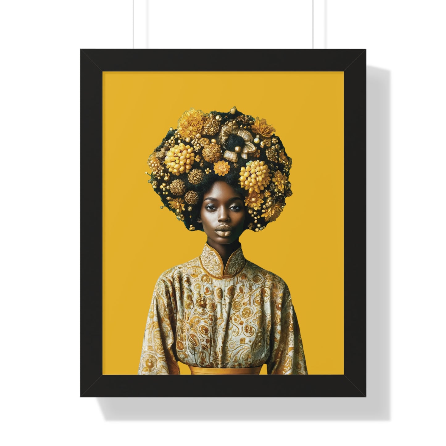 Framed Vertical Poster Peaceful African Woman with Yellow Flowers no bg