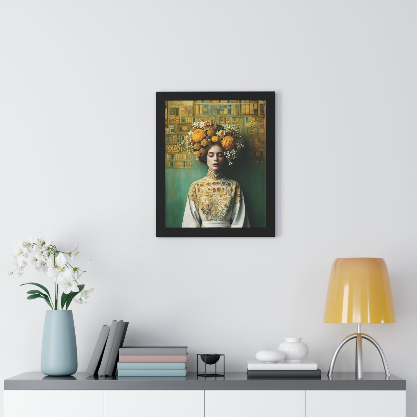 Framed Vertical Poster Peaceful Woman with Yellow Flowers