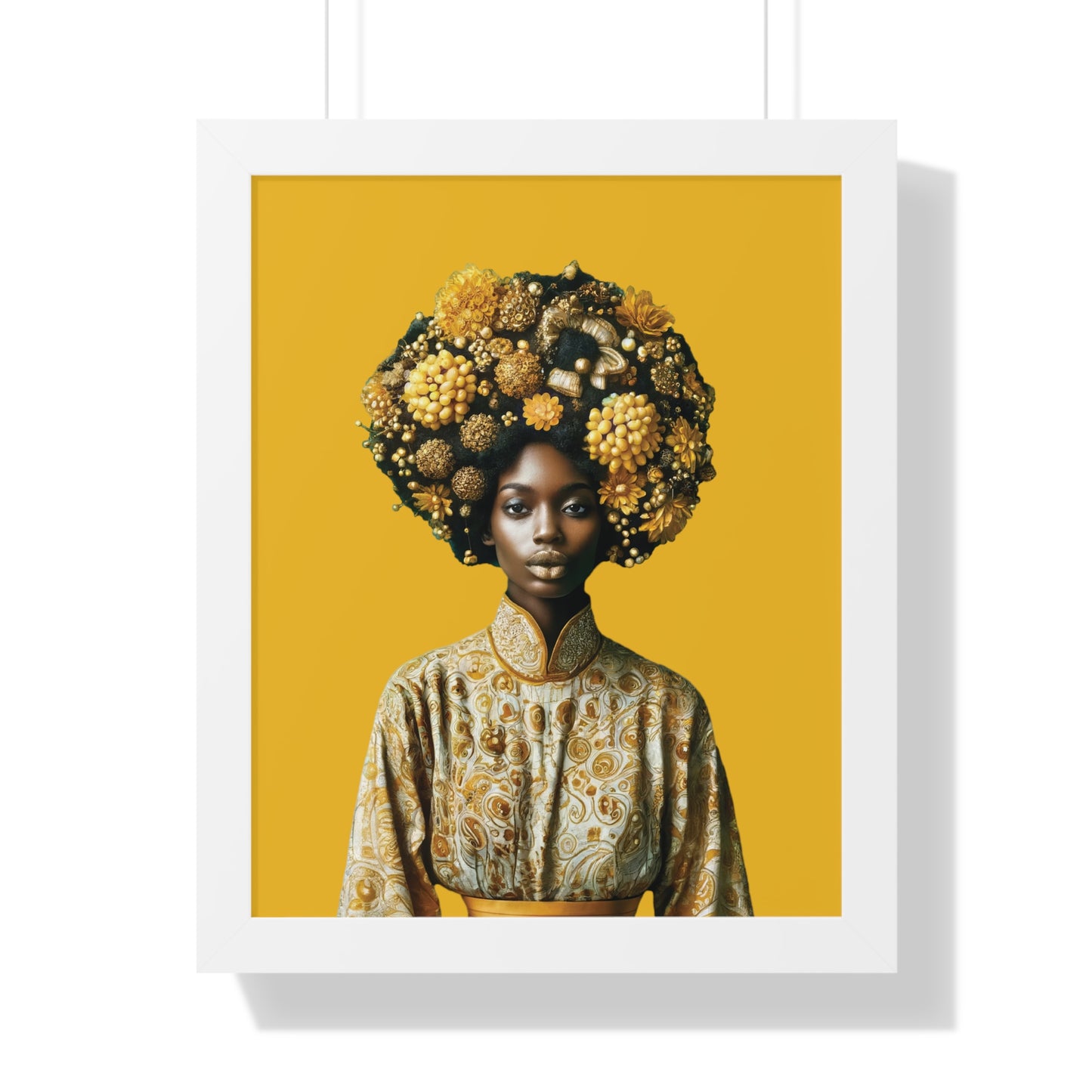 Framed Vertical Poster Peaceful African Woman with Yellow Flowers no bg